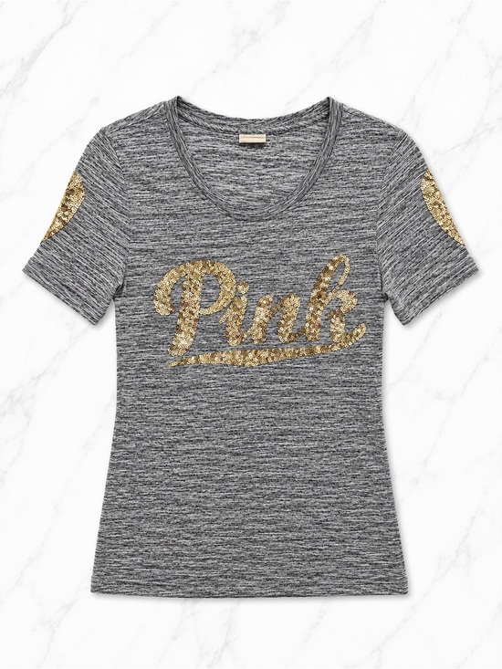 PINK Victoria's Secret Tops - PINK Victoria’s Secret Gold Sequin Logo Tee Heathered Gray Marled Shirt | S⁠mall